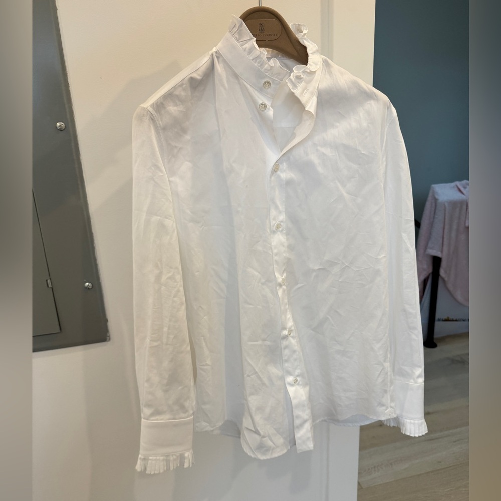 Celine Fine Cotton Ruffle-Collar Dress Shirt